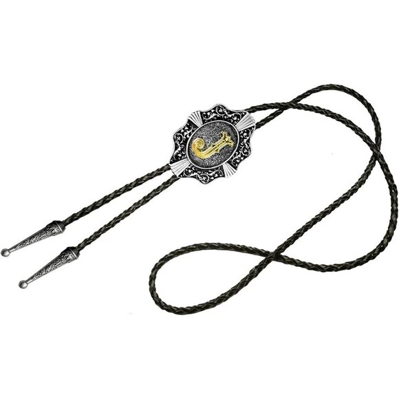 Golden Initial J in Flower Nursery Cowboy Bolo Tie with Cowhide Rope - Picture 2 of 4